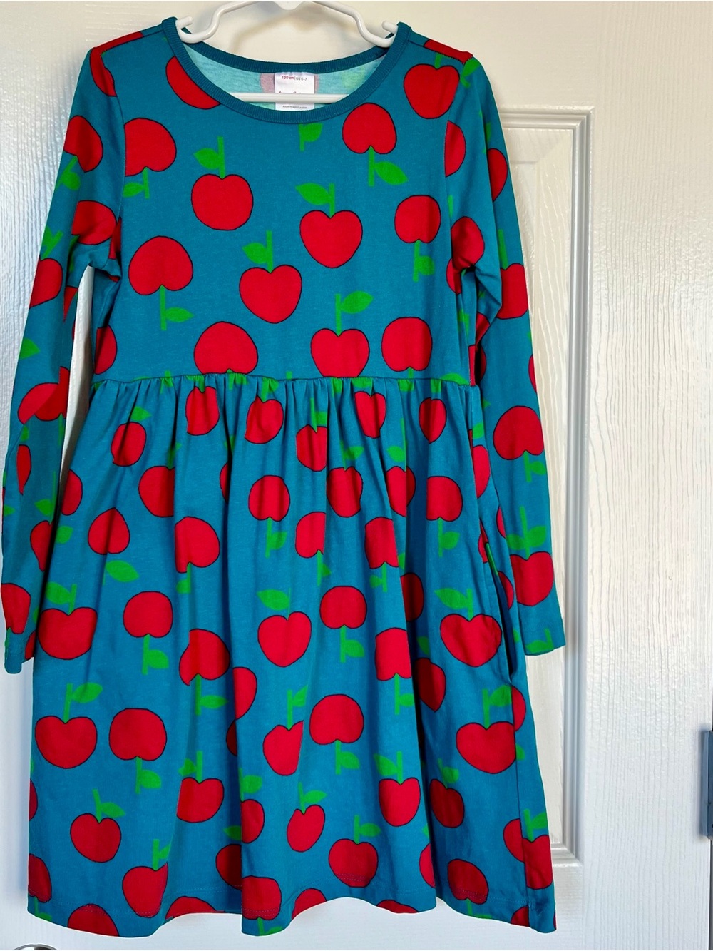 Hanna Andersson Teal Dress with Red Apple Print